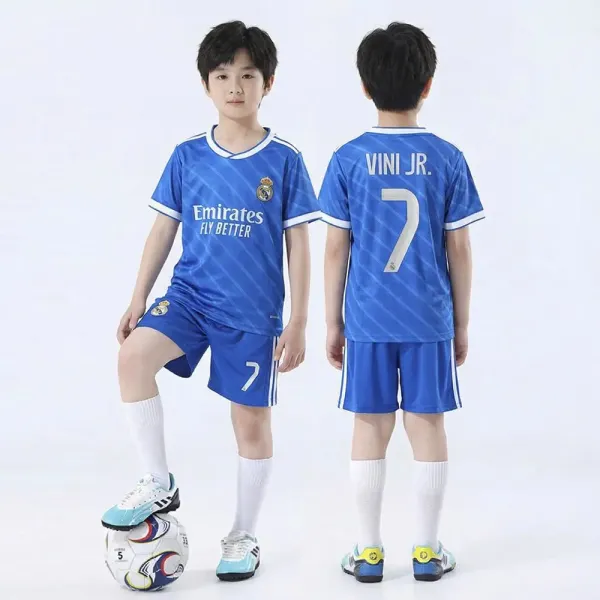 Real Madrid 2023-24 Third Jersey Blue Vini Jr. #7 Kids Soccer Kit - 1