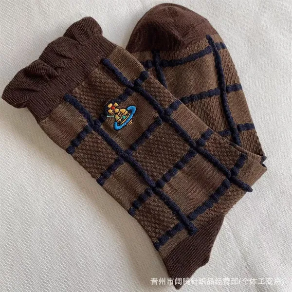 Vivienne Westwood Orb Logo Grid Pattern Brown Socks - 1