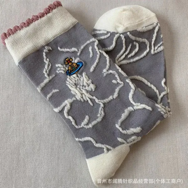Vivienne Westwood Orb Embroidered Floral Gray Socks - 1