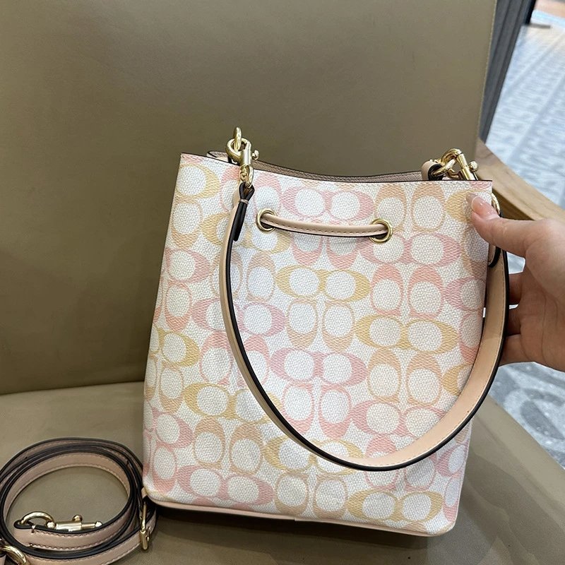 Coach Mini Bucket Bag Pink Leather with Floral Charm Handbags - 6