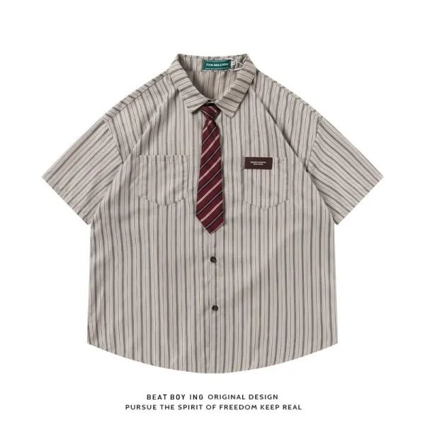 Design Ten Million Striped Short-Sleeve Shirt with Necktie Beige Shirt - 1