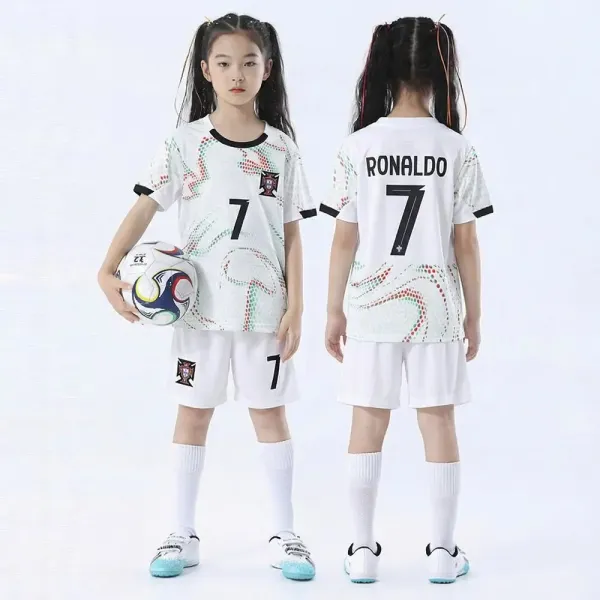 Portugal National Team Ronaldo #7 Kids Soccer Jersey Set White - 1