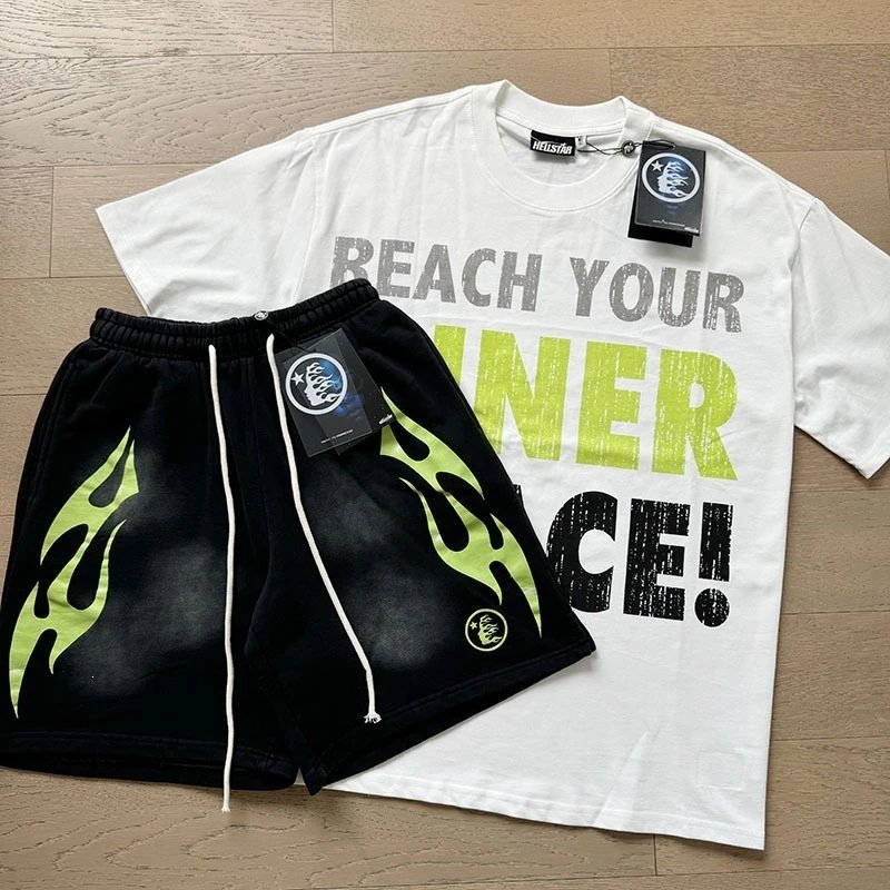 Hellstar Flame Graphic T-Shirt and Shorts Set Black with Neon Green - 12