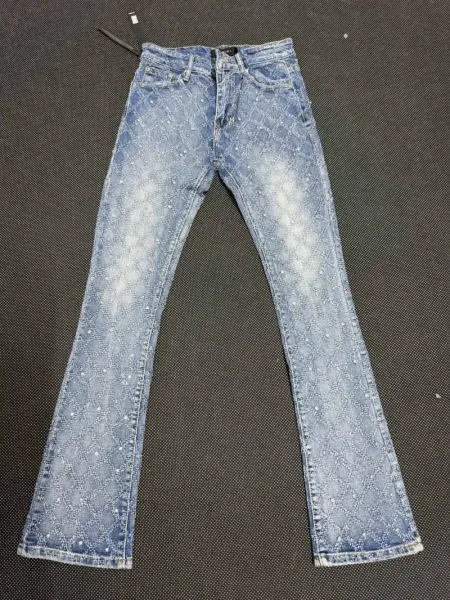 Design Embellished Diamond Pattern Flared Jeans Blue - 1