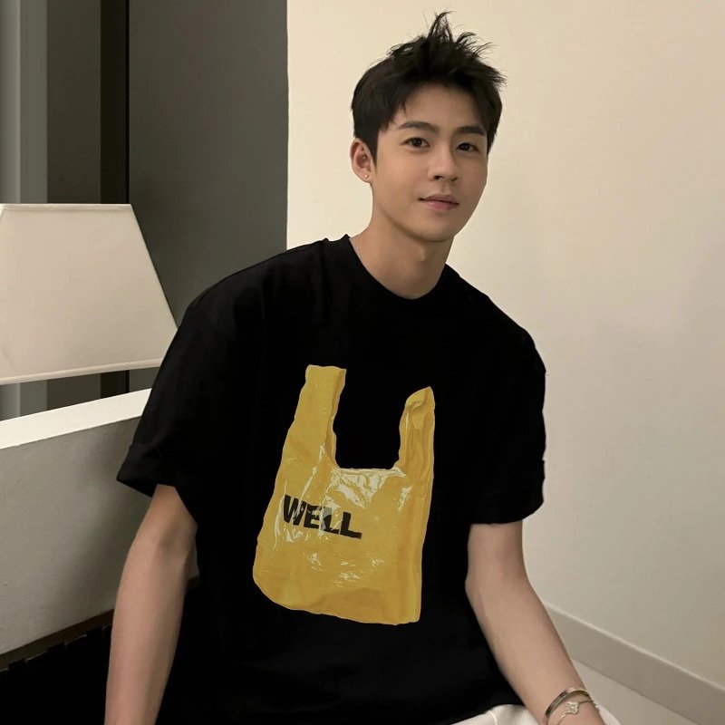 Design WELLU Plastic Bag Print Black Oversized T-Shirt T-Shirts - 13