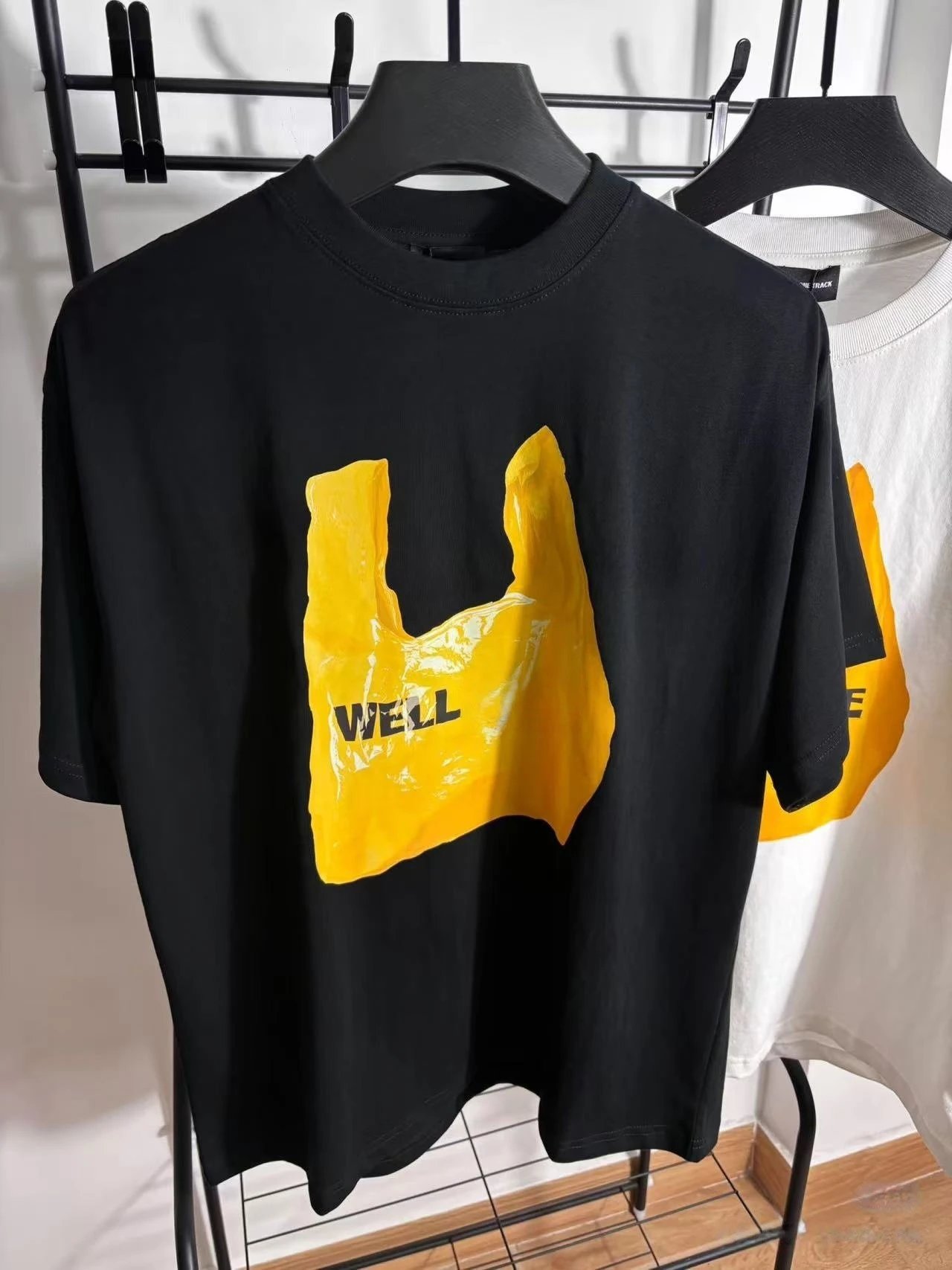 Design WELLU Plastic Bag Print Black Oversized T-Shirt T-Shirts - 18