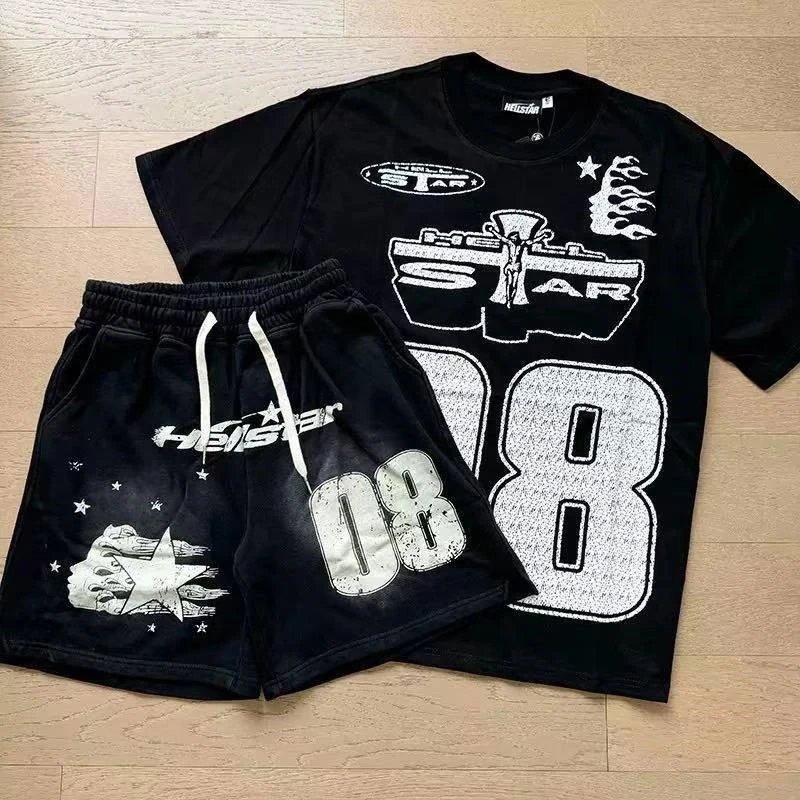 Hellstar Flame Graphic T-Shirt and Shorts Set Black with Neon Green - 44