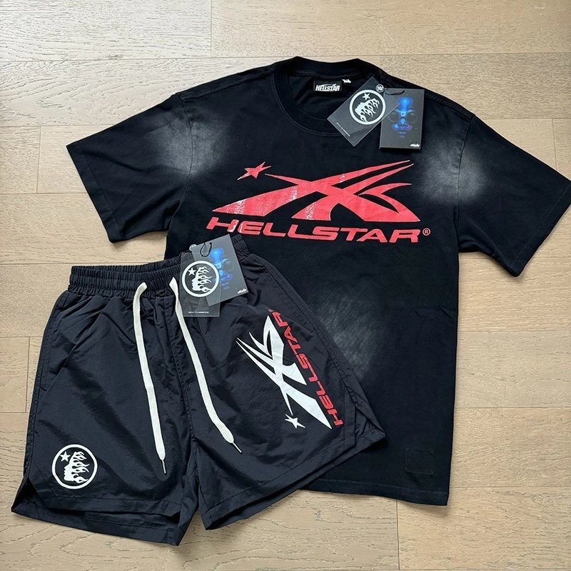 Hellstar Flame Graphic T-Shirt and Shorts Set Black with Neon Green - 11