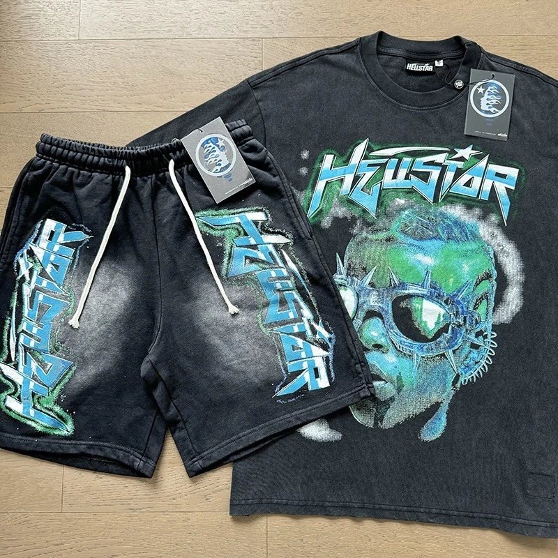 Hellstar Flame Graphic T-Shirt and Shorts Set Black with Neon Green - 17