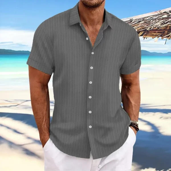 Design Short-Sleeve Ribbed Button-Up Shirt Gray - 1