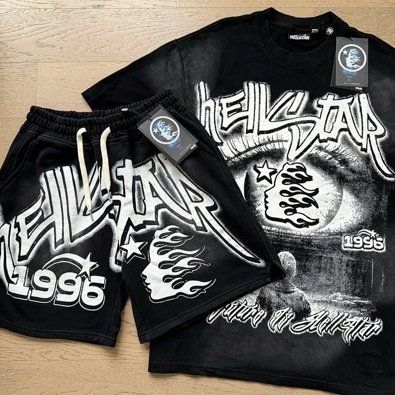 Hellstar Flame Graphic T-Shirt and Shorts Set Black with Neon Green - 31