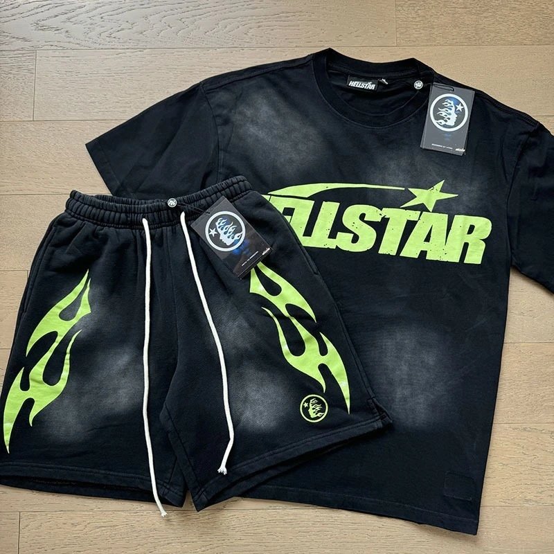 Hellstar Flame Graphic T-Shirt and Shorts Set Black with Neon Green - 36