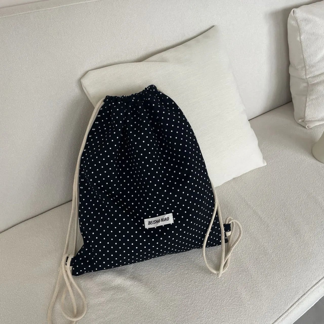 Design Beisha Niao Polka Dot Drawstring Bag Black Shoulder Bags - 14
