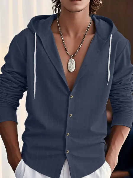 Design Hooded Button-Up Shirt Navy Pinstripe Hoodie - 1