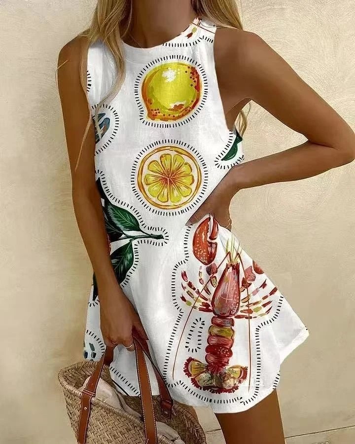 Design Fish Print Sleeveless Dress with Red Trim White Blue - 6