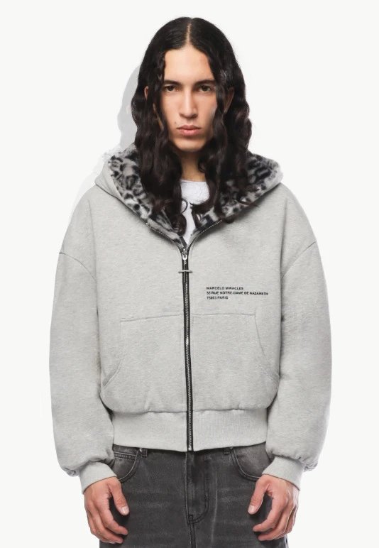Design Leopard-Lined Zip-Up Hoodie Gray - 8