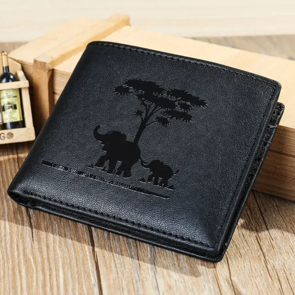 Design Elephant Silhouette Embossed Black Leather Short Wallet - 1