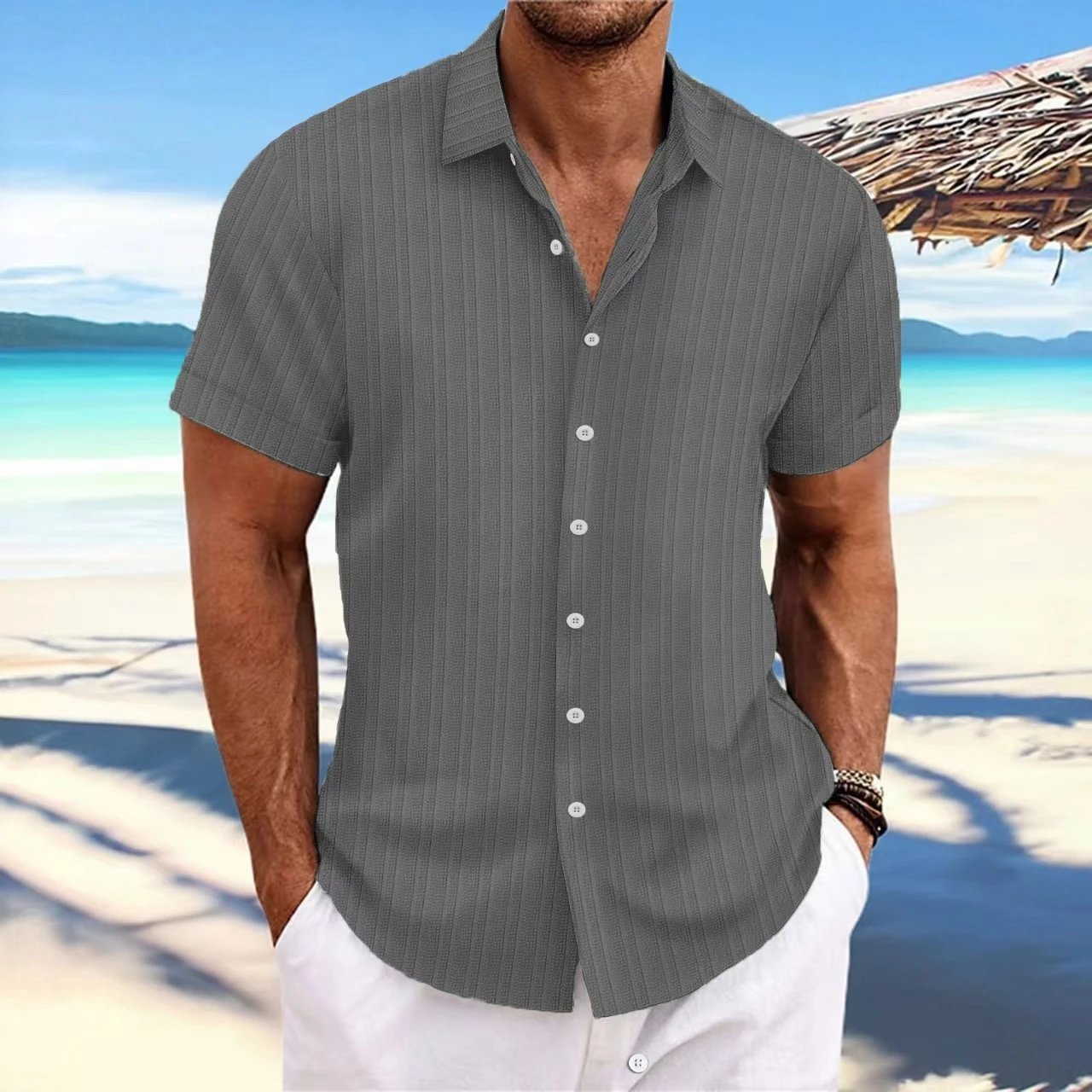 Design Short-Sleeve Linen-Blend Button-Up Shirt White Tops Shirt - 7