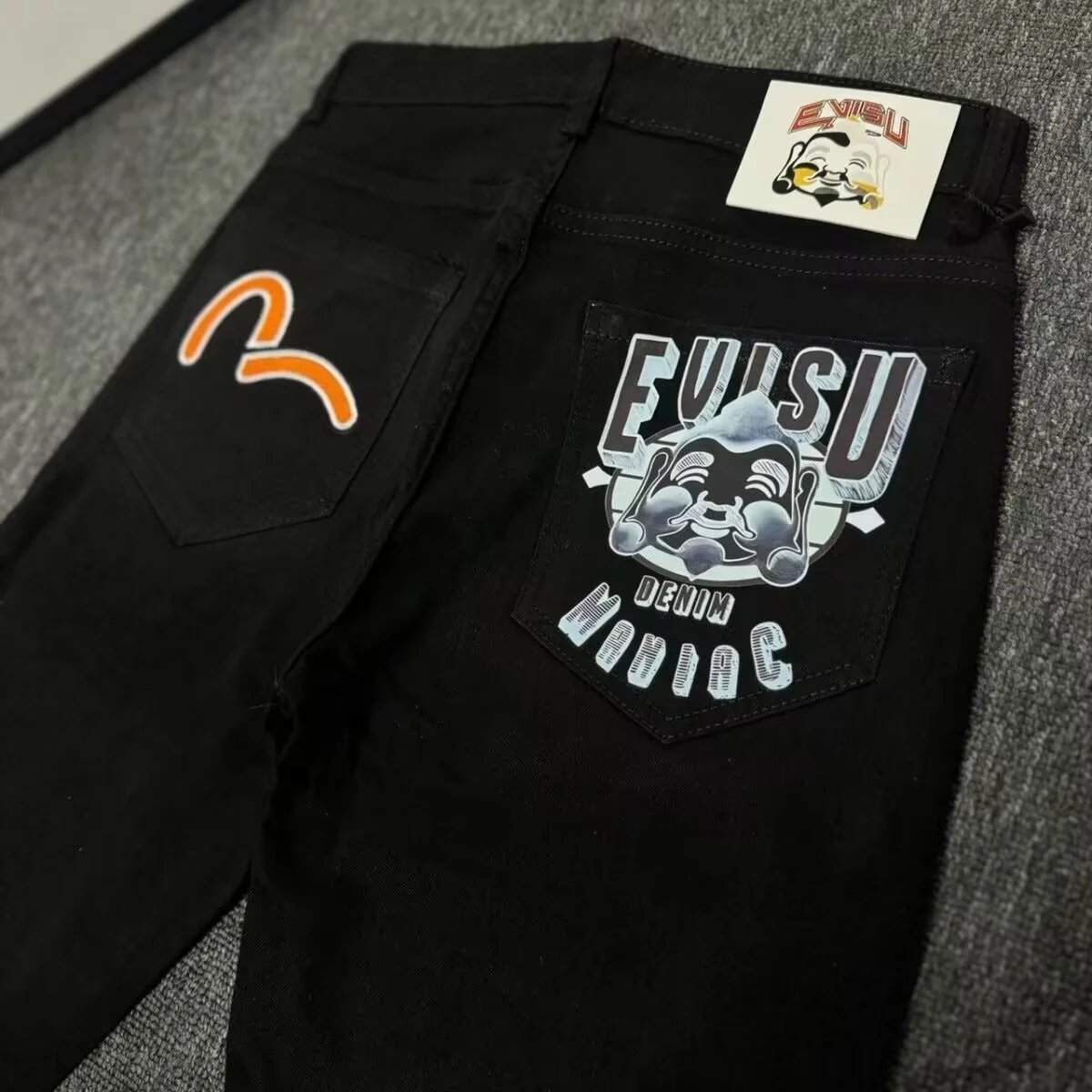 Evisu Fuji Logo Embroidered Black Denim Jeans - 8