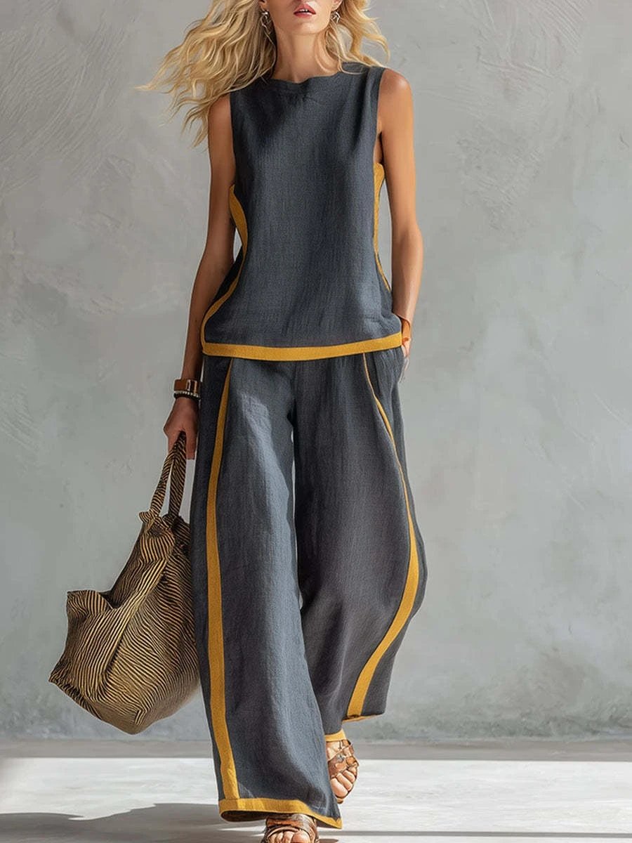 Design Two-Tone Linen Set in Sky Blue with Mustard Trim Pants and Top - 4