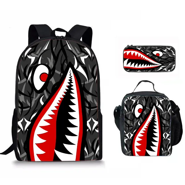 Design Shark Mouth Graphic Backpack Set Black Red Gray - 1