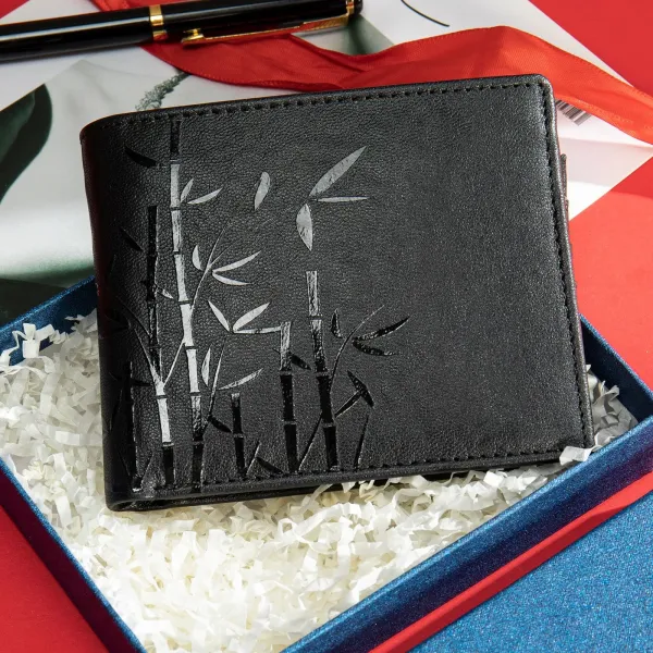 Design Bamboo Embossed Black Leather Short Wallet - 1