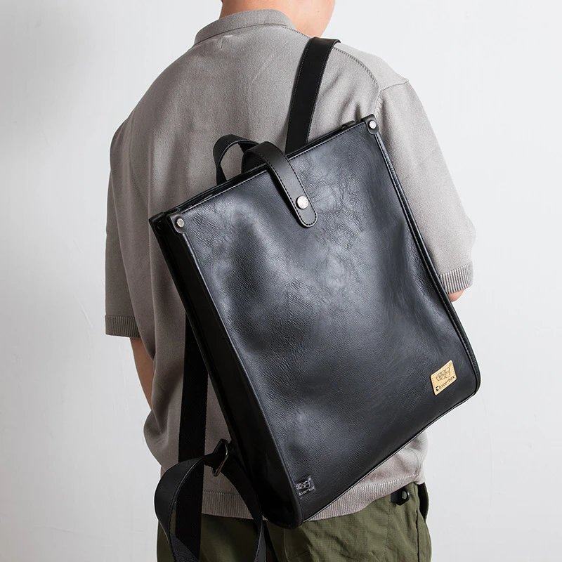 New Japanese Style Men's Backpack PU Leather Large Capacity Vintage Square College Student Schoolbag Youth Laptop Backpack Trendy