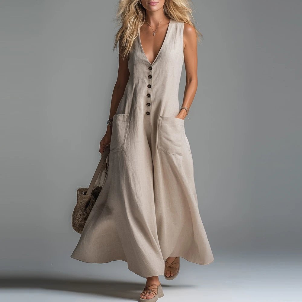 Design Sleeveless V-Neck Button-Front Maxi Dress White - 5