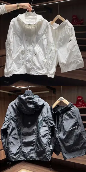Design Windbreaker Set White Lightweight Hooded Jacket and Shorts - 8