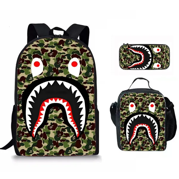 A Bathing Ape Shark Camo Backpack Set with Pencil Case and Lunch Bag - 1