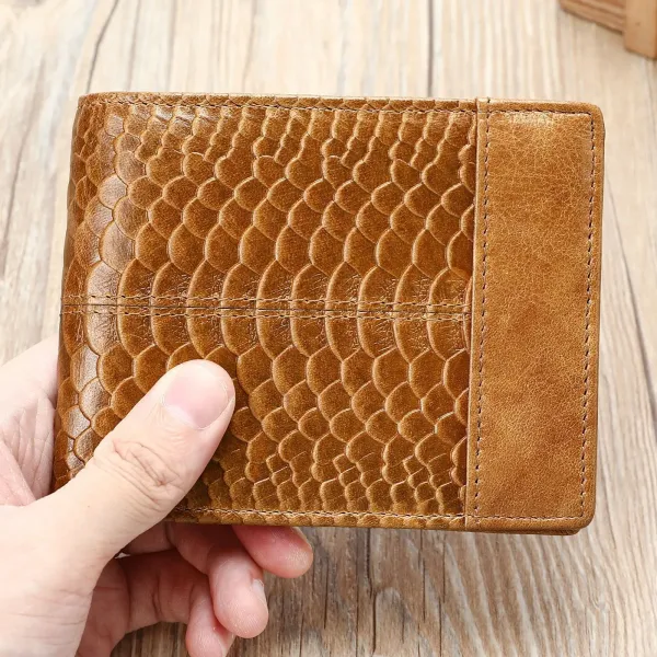 Design Snake-Embossed Tan Leather Short Wallet - 1