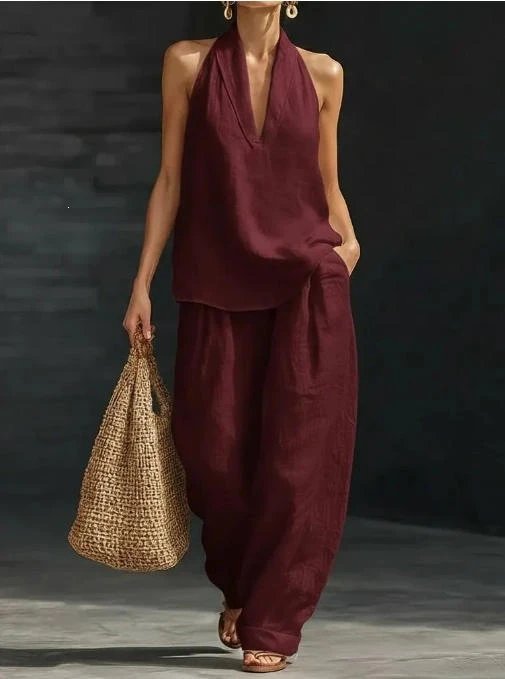 Design Halter Neck Linen Set Pink - 12