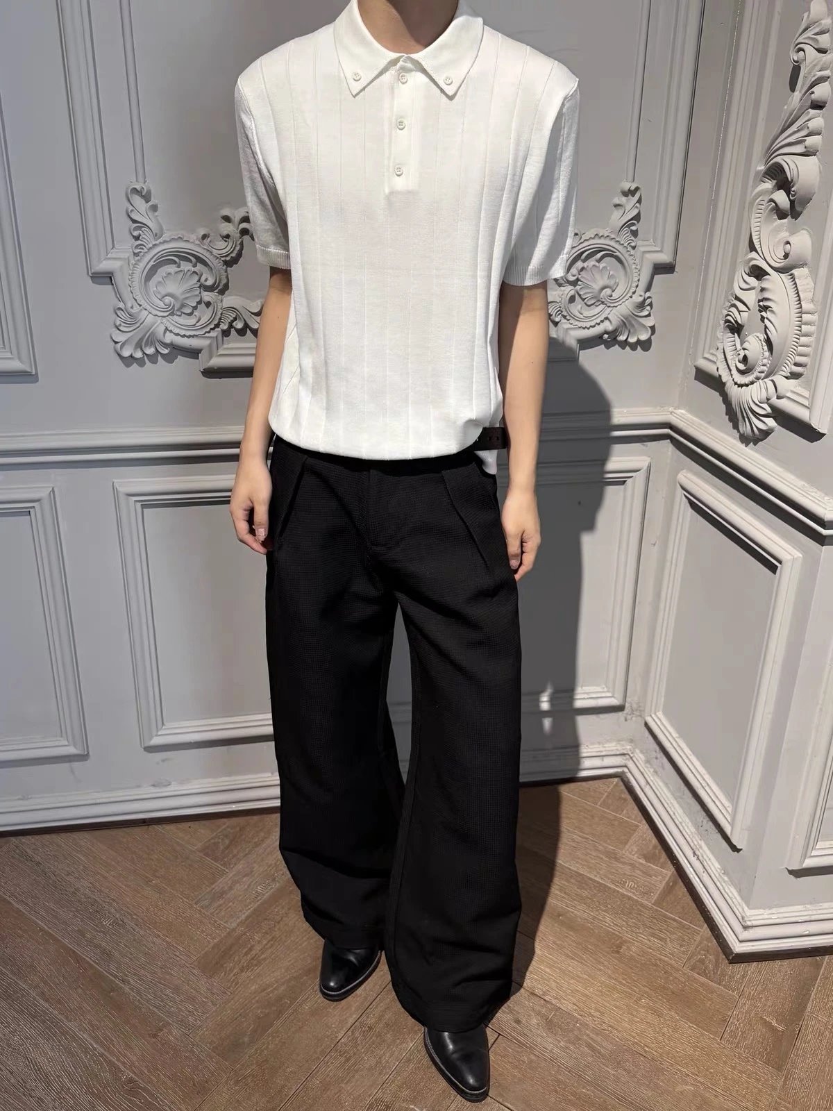 Design Ribbed Knit Polo Black Tops.polo - 12