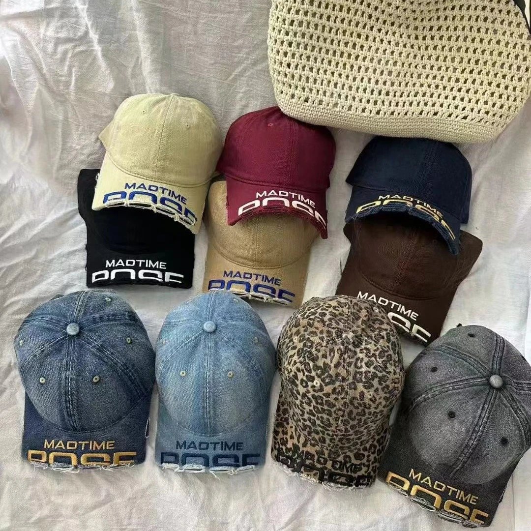 MADTIME Distressed Logo Baseball Cap - Leopard Print Denim