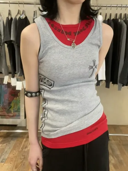 Chrome Hearts Cross Print Layered Tank Top Gray / Red Vest Top - 1