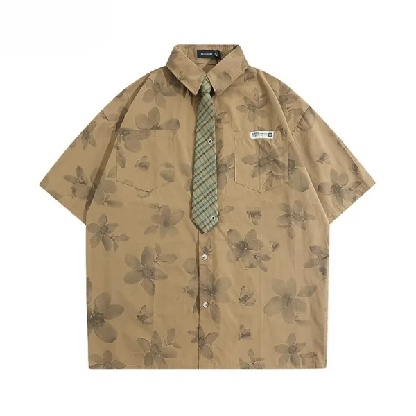 Design Floral Print Short-Sleeve Button-Up Shirt in Beige - 1