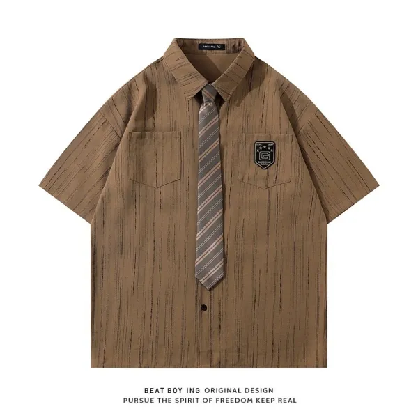 Beat Boy Ing Original Design Woodgrain Short-Sleeve Shirt with Tie - 1