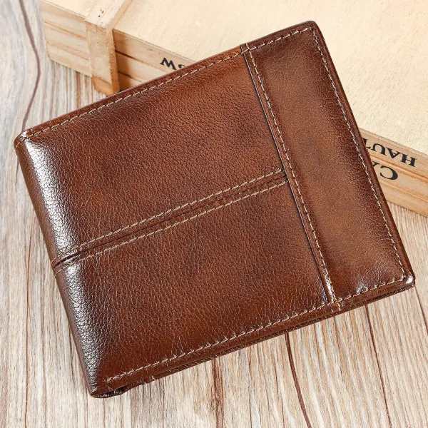 Design Classic Stitched Brown Leather Short Wallet - 1
