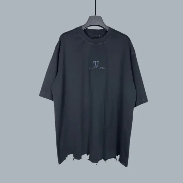 Balenciaga Distressed Logo T-Shirt Black - 1