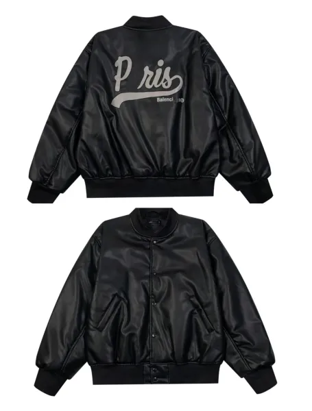 Balenciaga Paris Logo Black Leather Bomber Jacket - 1