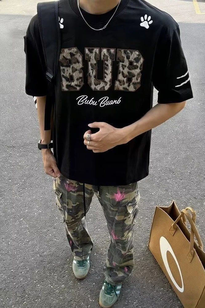 Design Bubu Buanb Leopard Print Logo T-Shirt Black T-Shirts - 8