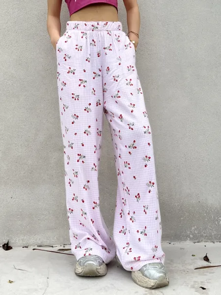 Design Floral Print Wide-Leg Pajama Pants White Sleepwear - 32