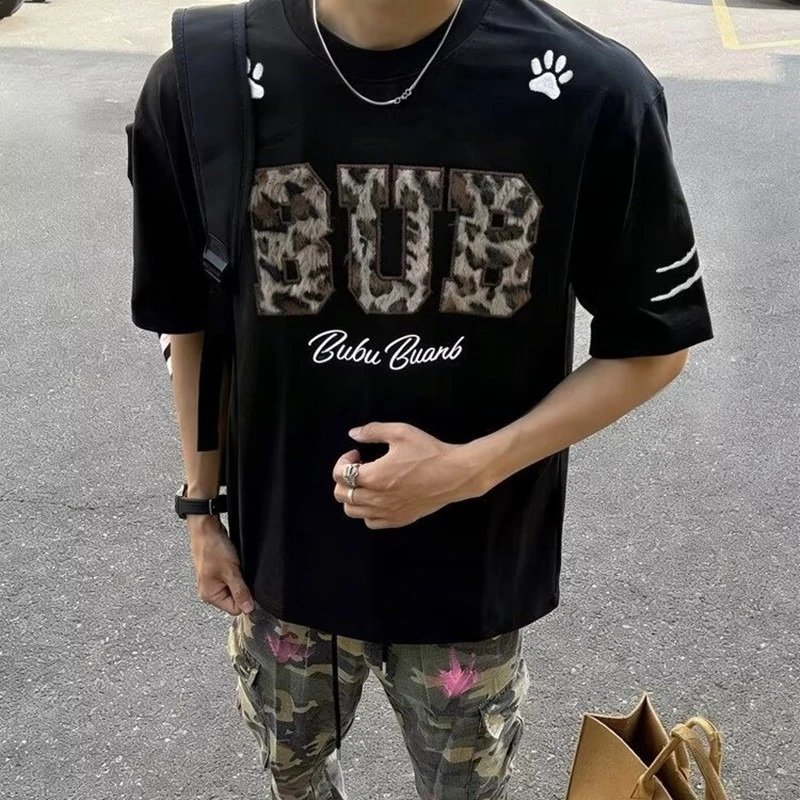 Design Bubu Buanb Leopard Print Logo T-Shirt Black T-Shirts - 13