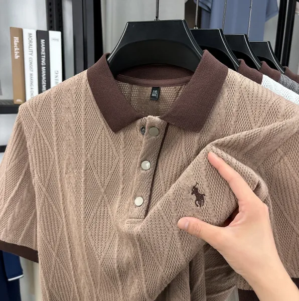 Design Knit Diamond Pattern Polo Shirt Gray with Brown Collar Tops Polo - 10