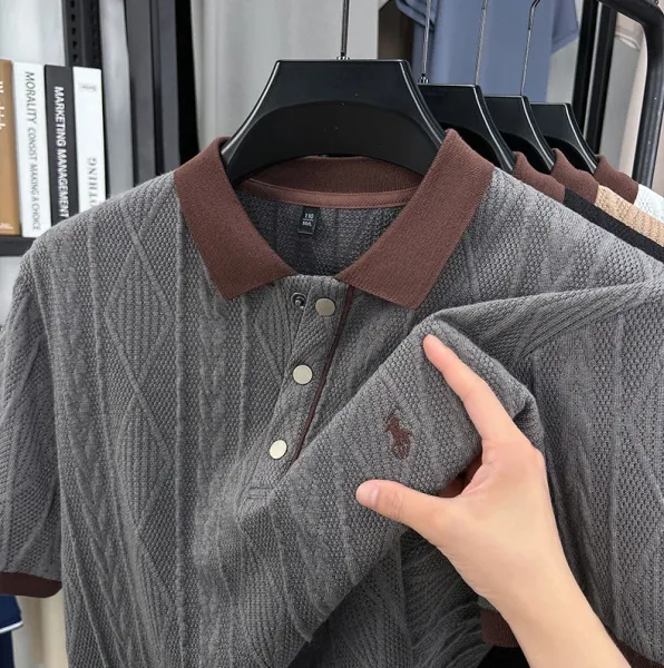 Design Knit Diamond Pattern Polo Shirt Gray with Brown Collar Tops Polo - 18
