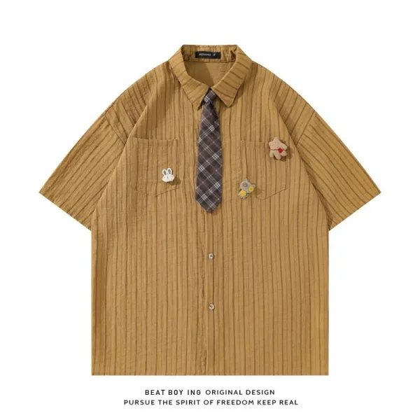 Beat Boy Ing Original Design Striped Short-Sleeve Shirt with Plaid Tie and Embroidered Patches - 1