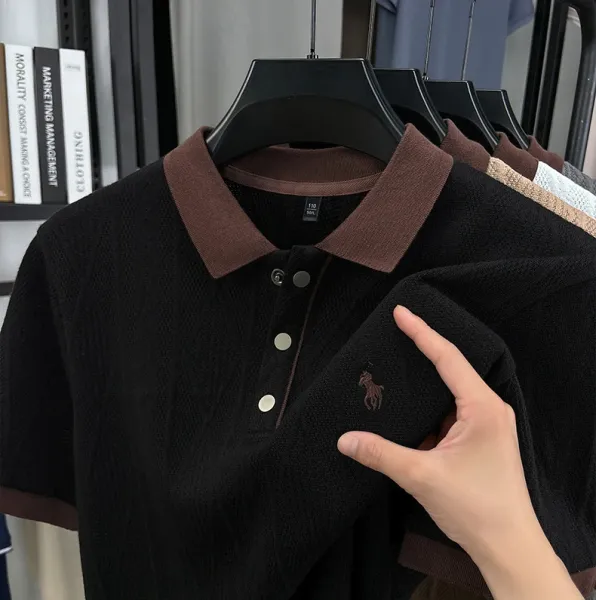 Design Knit Diamond Pattern Polo Shirt Gray with Brown Collar Tops Polo - 22