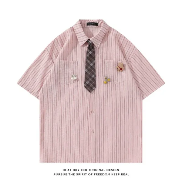 Design Beat Boy Ing Short-Sleeve Striped Shirt with Plaid Tie and Embroidered Patches Pink Shirt - 1