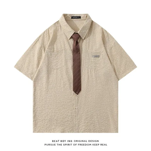 Design Beat Boy Ing Short-Sleeve Striped Shirt Beige with Brown Tie Shirt - 1