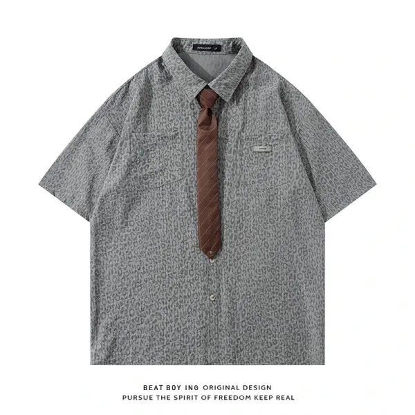 Design Beat Boy Ing Leopard Print Short-Sleeve Shirt with Tie Detail Shirt - 1